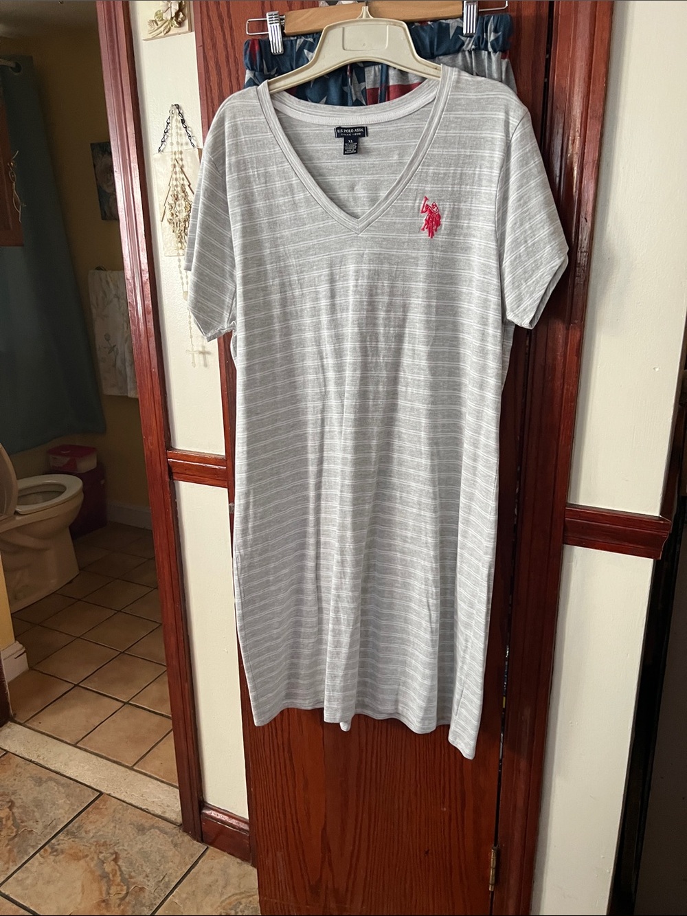 U S Polo Light Gray Striped V-Neck T-Shirt Dress with Red Logo